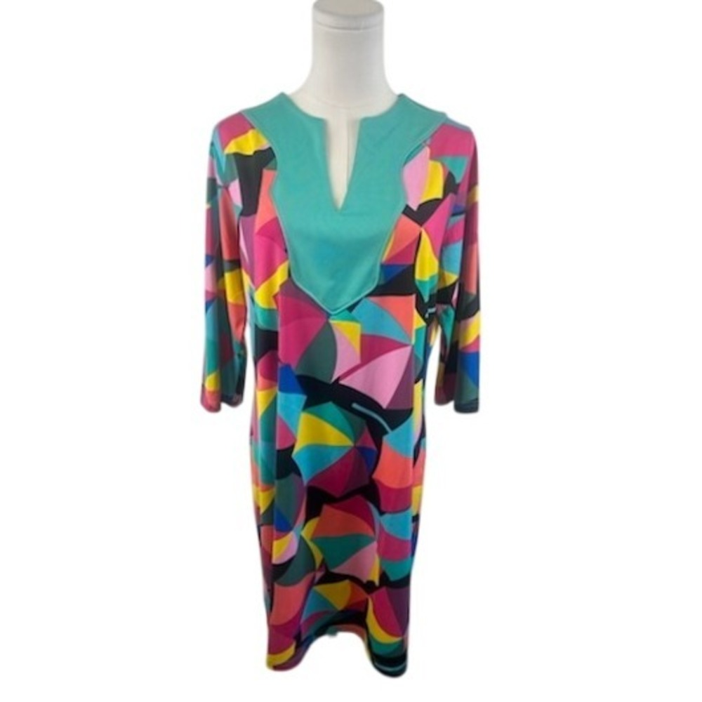 Tracy Negoshian Sunshade Geometric Print Dress Colorful V Neck Size Large